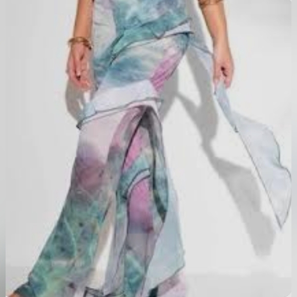 PrettyLittleThing PLT beach pants 6 green purple ruffles sheer wide leg swim new - Picture 5 of 10